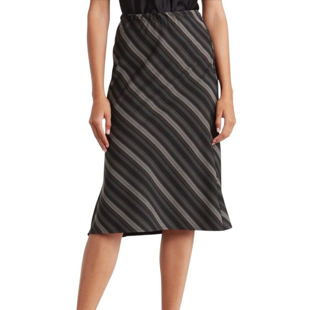 Forgotten Grace Striped Side Slit Midi Skirt Black Size Medium NWOT